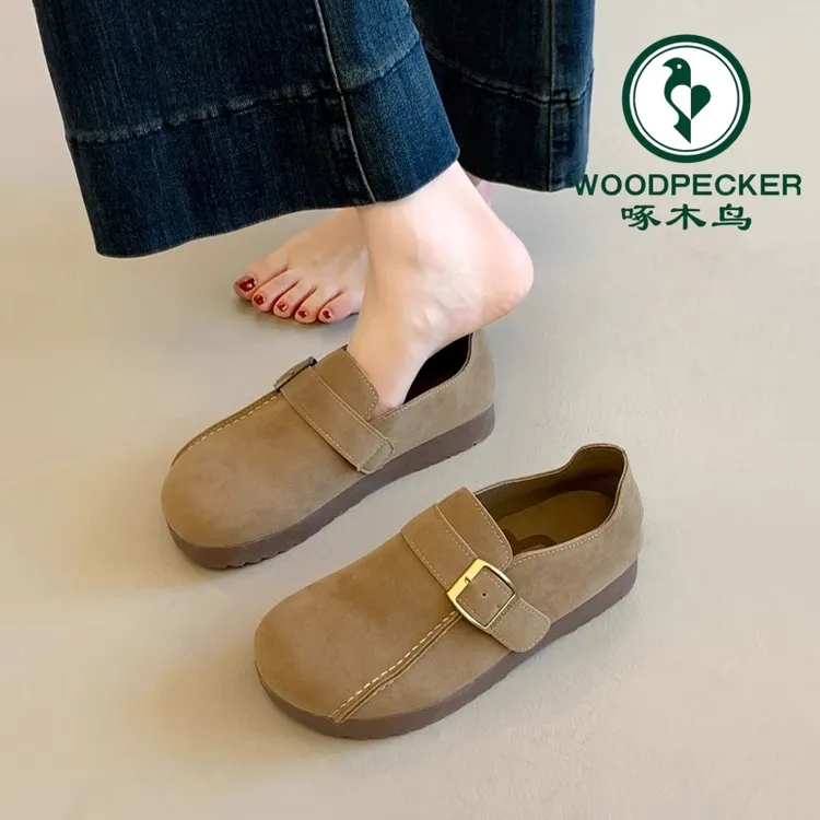 啄木鸟厚底勃肯鞋女2025新款秋冬季一脚蹬豆豆鞋孕妇休闲博肯单鞋