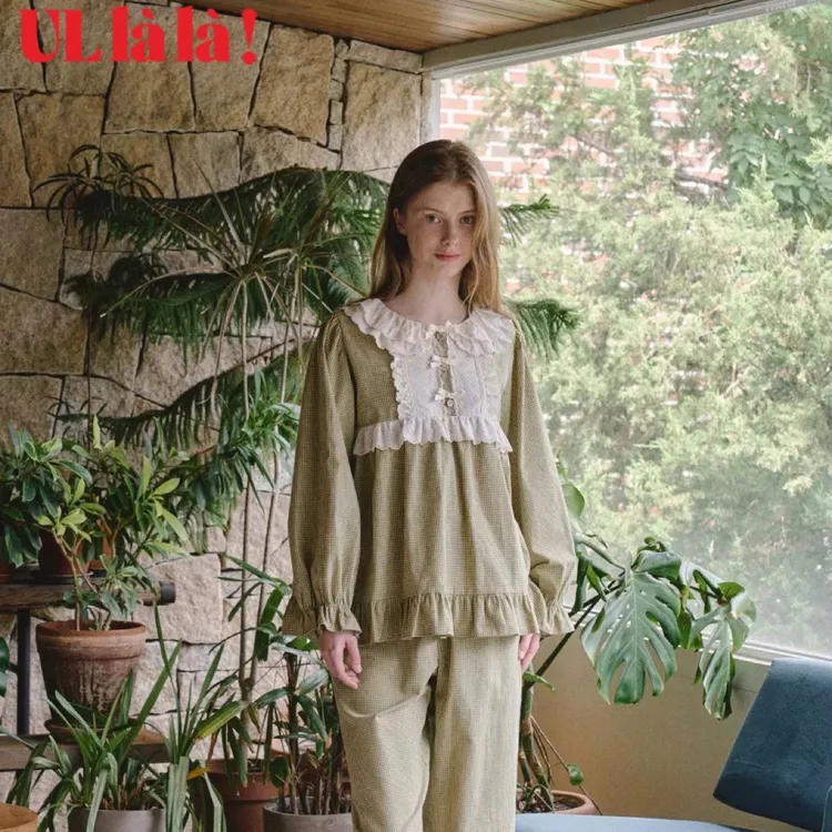 ULLALA 秋冬长袖长裤家居服印花荷叶边复古套装