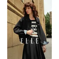 ELLE格纹撞色拼接翻领短外套女2025秋季新款时尚夹克上衣EF52574