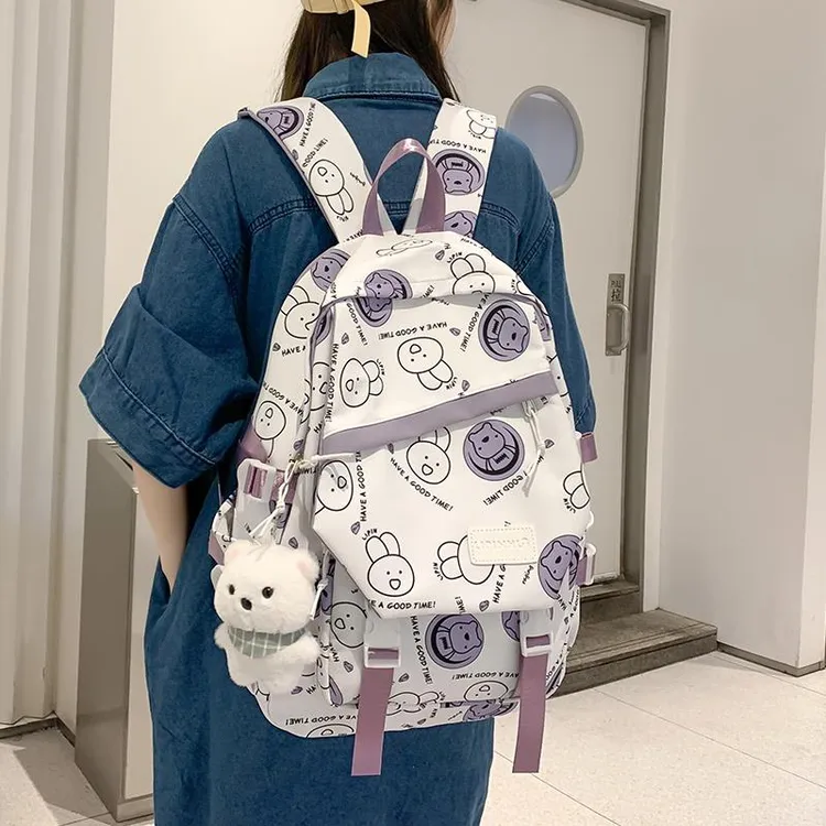 2024新款双肩包女韩版百搭大容量旅行背包初中高中大学生简约书包