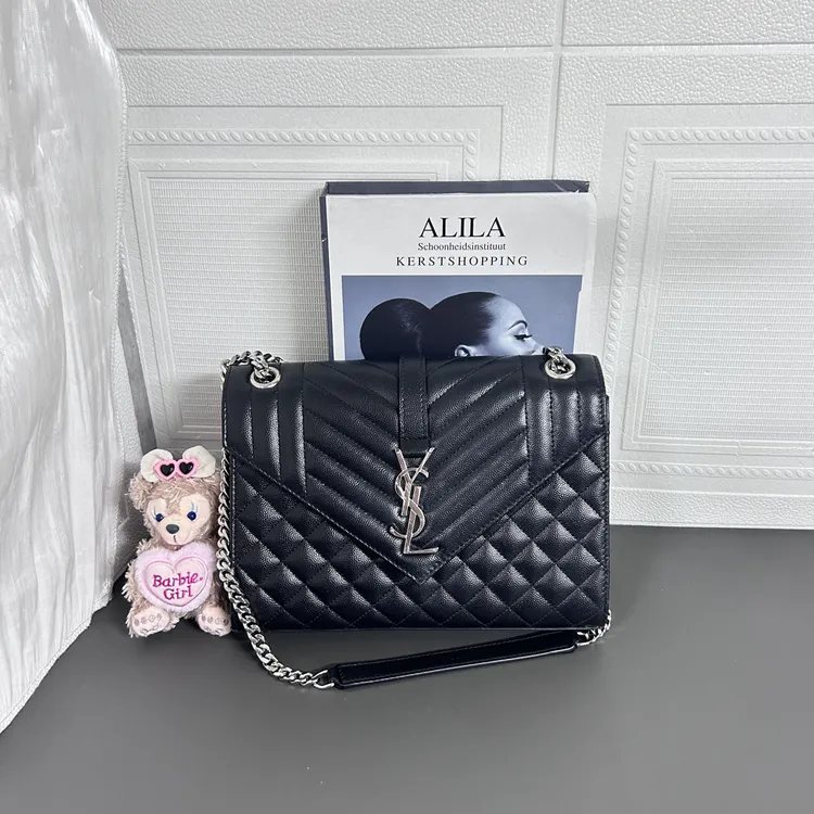 95新 YSL/圣罗兰 95新黑银中号信封牛皮单肩斜挎包