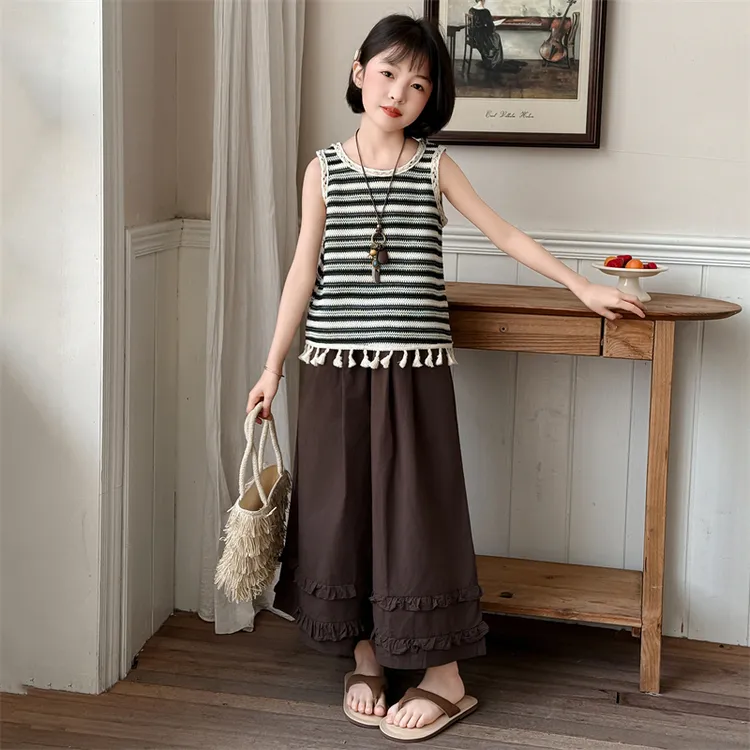 女童夏季韩系休闲无袖流苏背心套装女大童薄款百搭休闲裤儿童夏装