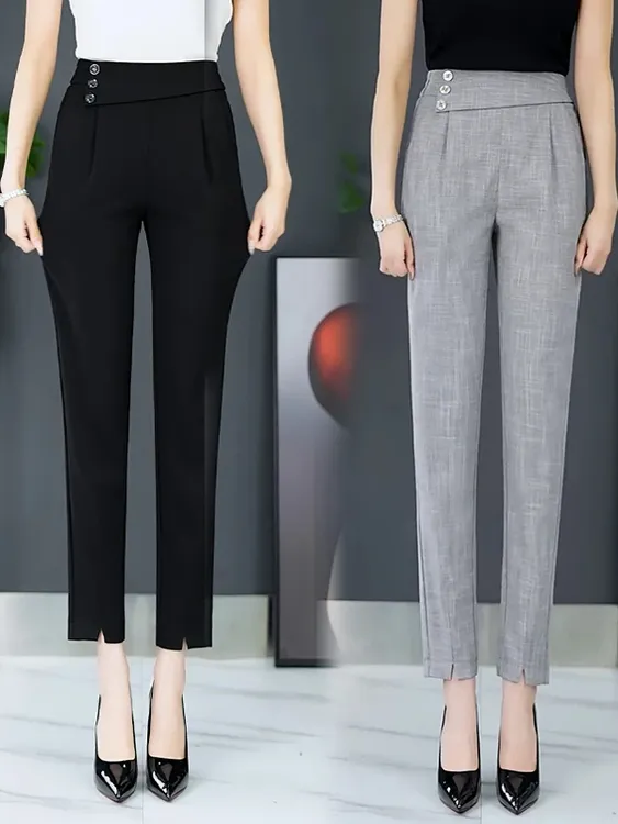 麻料哈伦裤夏季2025新款麻料九分裤松紧腰休闲百搭显瘦小脚萝卜裤