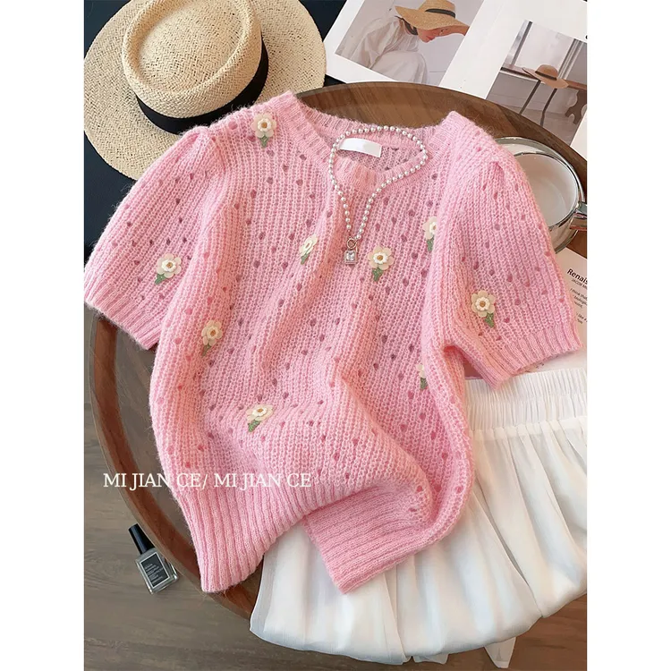 浪漫法式短袖衫女粉色2025夏季设计感小众打底衫修身