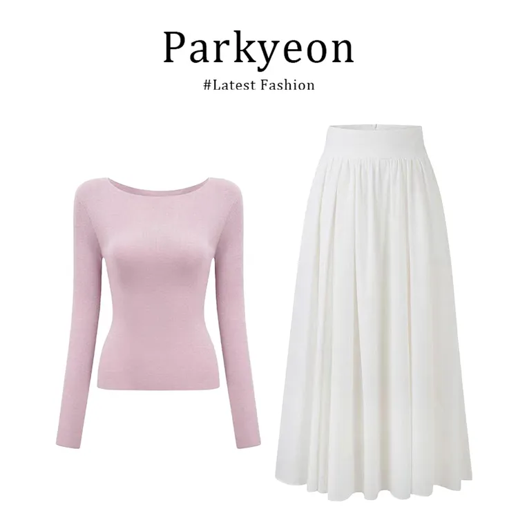 parkyeon粉色温柔修身长袖t恤打底针织衫a字半身裙秋季纯欲两件套