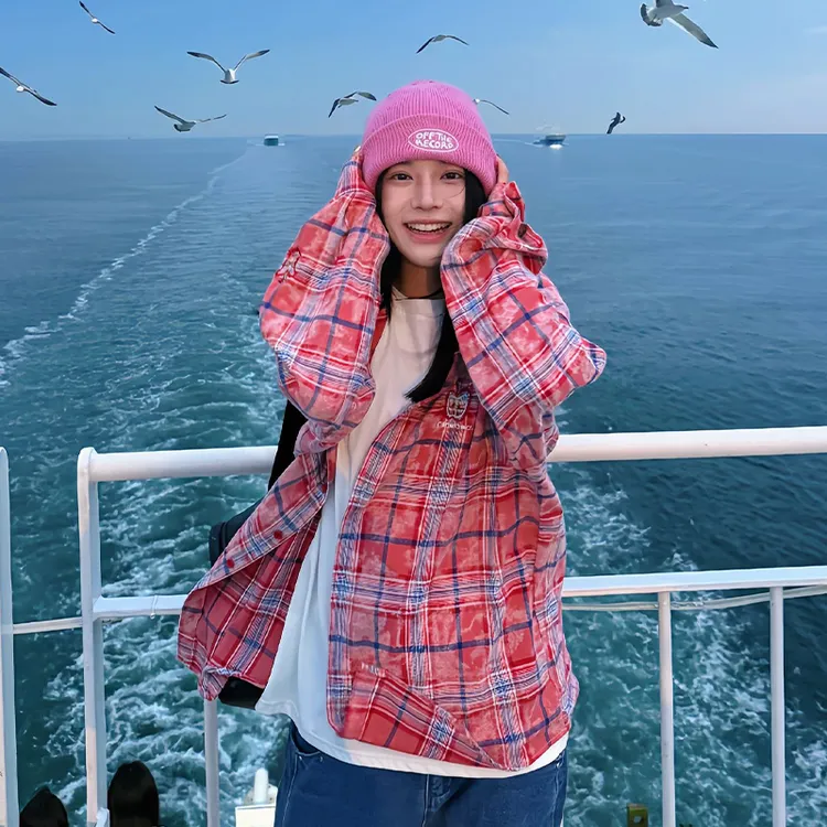 nicebad红色刺绣格子衬衫女秋季宽松慵懒风格纹衬衣美式复古外套