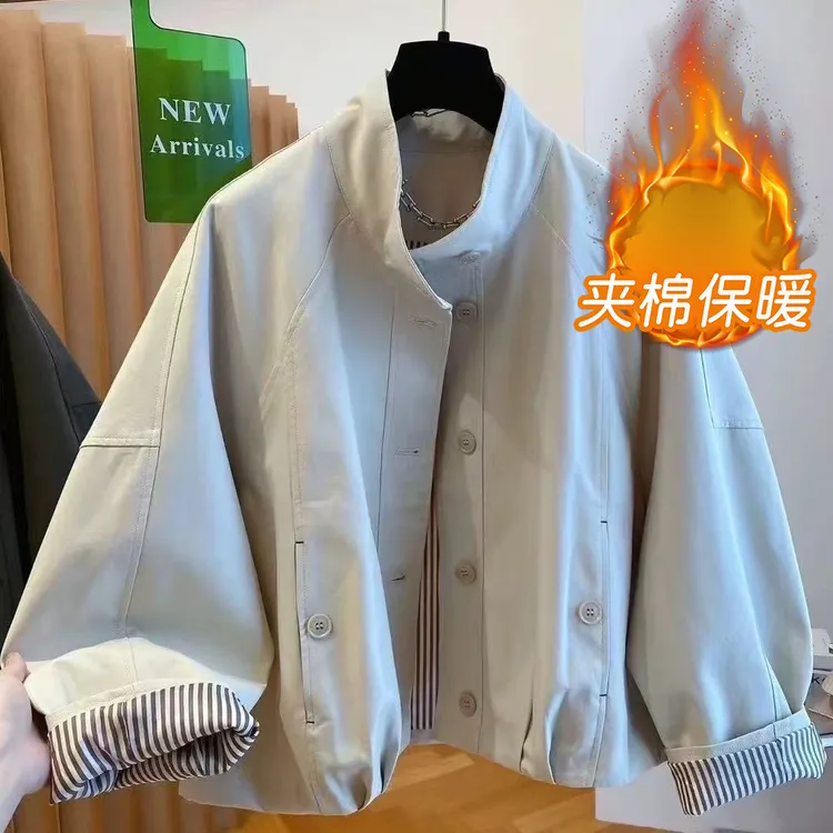 秋冬夹棉加厚高级感韩系立领撞色工装外套女港风休闲流行冲锋衣