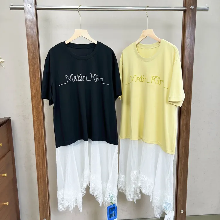 蔡蔡呀~欧货新款小众设计感下摆蕾丝拼接字母宽松圆领短袖t恤2200