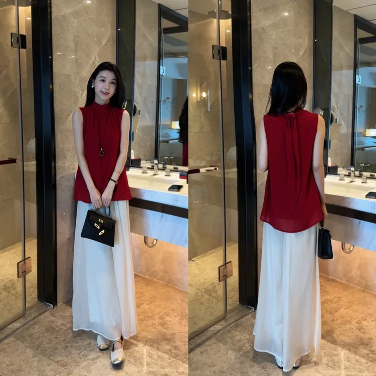 简约时尚衬衫上衣套装女阔腿裙裤两件套