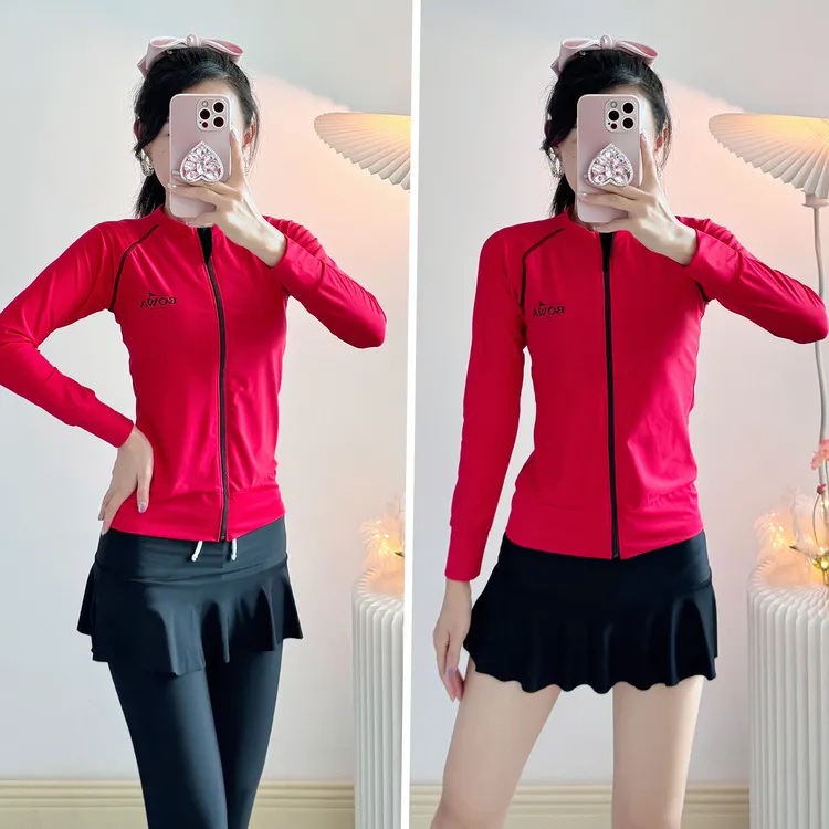 保守泳衣女小个子裙式分体长袖长裤防晒速干衣显瘦遮肉泳装泡温泉