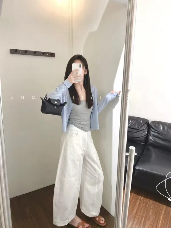 2025秋季新款韩系气质简约蓝色开衫灰色吊带背心百搭休闲裤三件套