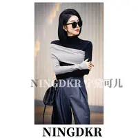 优B41318宁黛可儿设计感撞色拼接半高领长袖T恤女打底修身上衣