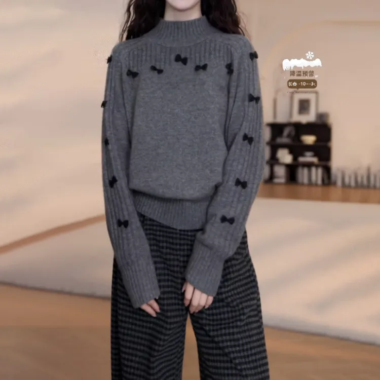 秋冬纯色半高领蝴蝶结毛衣女2025新款慵懒风时尚长袖保暖针织上衣