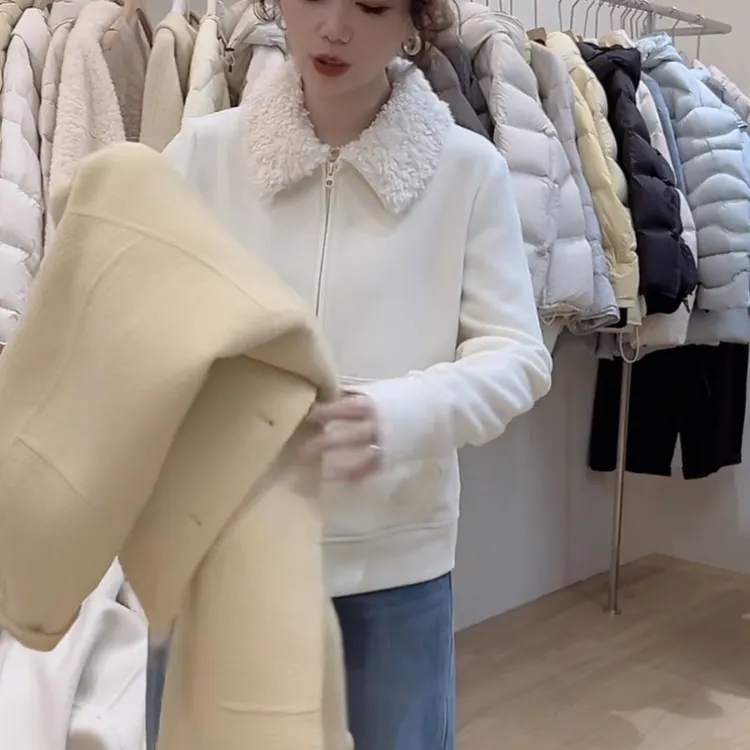 91968魅雅韩系毛领拉链开衫2025冬季保暖卫衣