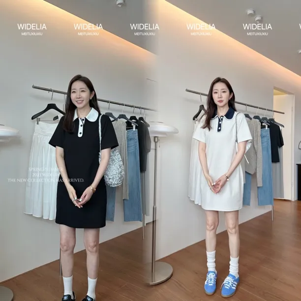 widelia夏季新款polo领拼色连衣裙7327小众宽松洋气显瘦短裙子女