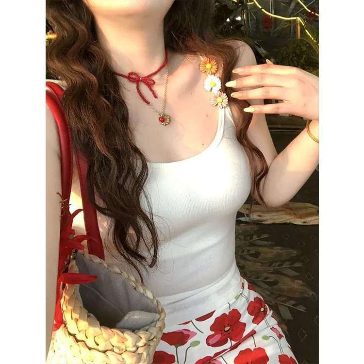 白色双肩带吊带背心女夏季新款设计感内搭外穿修身带胸垫无袖上衣