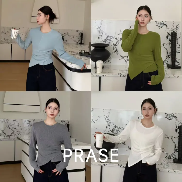 PRASE·噜【时髦显瘦T】不规则褶皱显瘦针织长袖打底T恤PR510B107
