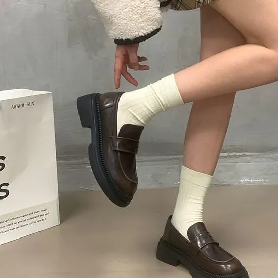 UHCK黑色日系厚底百搭乐福鞋女2025年秋季新款一脚蹬休闲百搭小皮