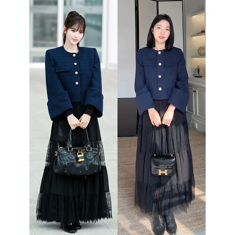 郭九九呢 羊毛优雅气质格纹加绒毛呢外套蕾丝拼接半裙 G925A17500