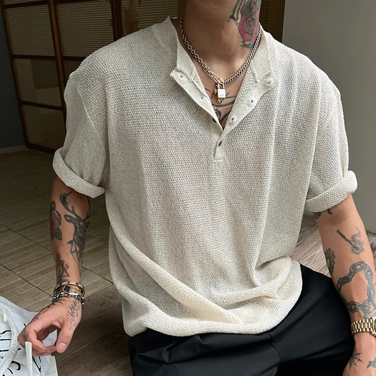 Simple「亚麻天丝针织」老钱风亨利领短袖t恤男慵懒宽松休闲半袖