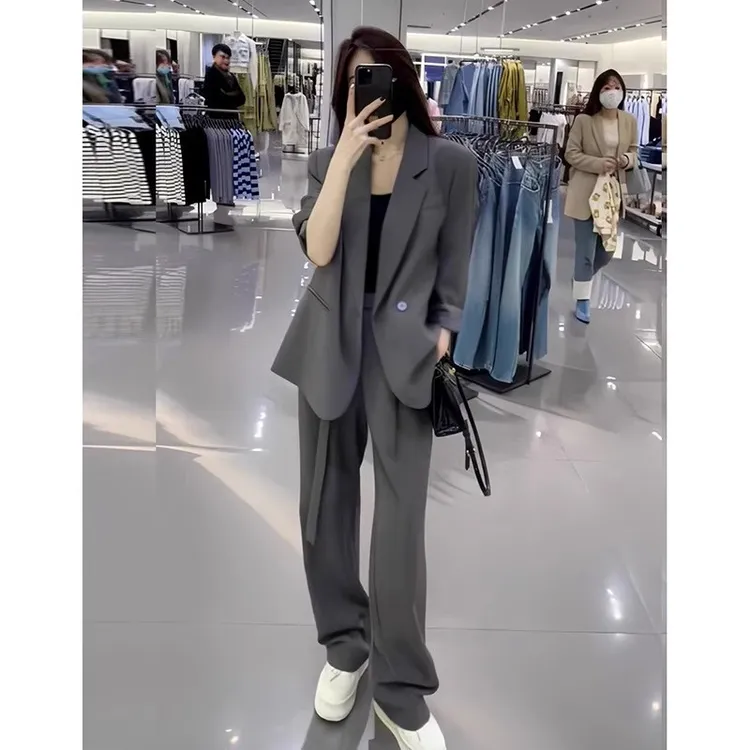 2025春秋新款大码女装胖mm西装套装藏肉显瘦正装外套阔腿裤两件套