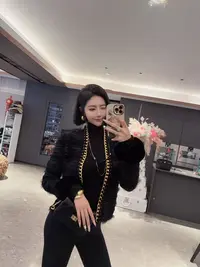 DOUWU【巴黎公主】黑色毛毛袖金边无领外套WT14145