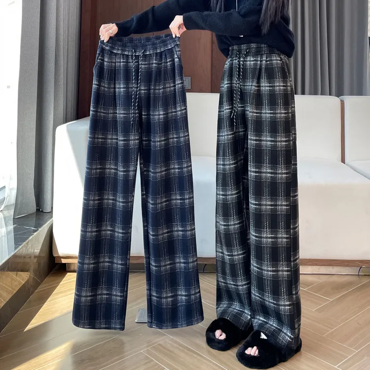 格子阔腿裤女秋冬季加绒加厚2025新款高腰休闲垂坠感小个子直筒裤