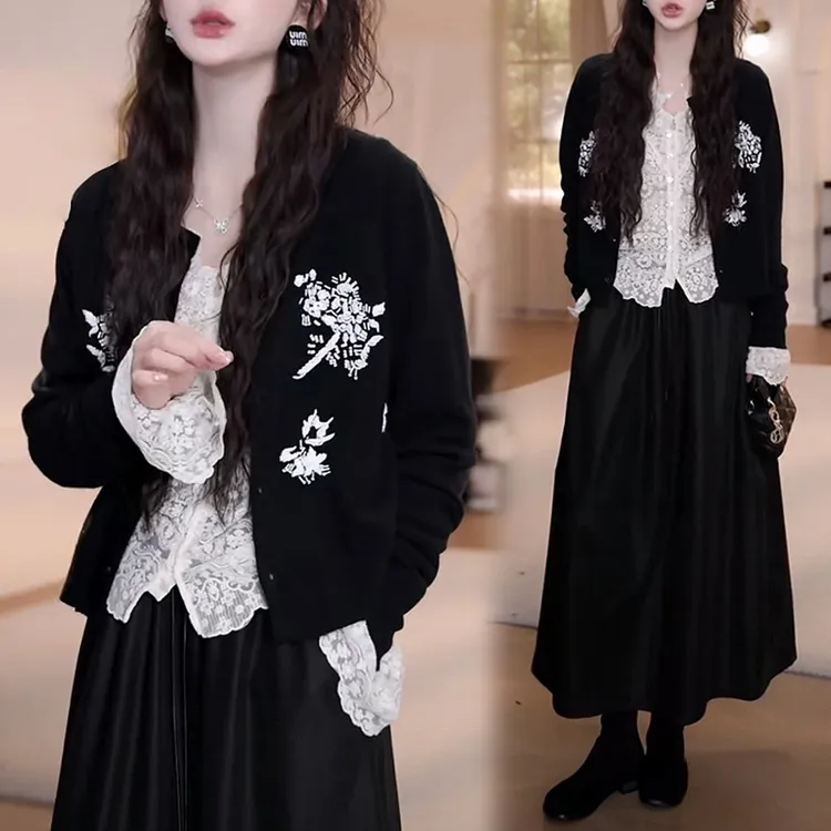 2025秋季气质时尚套装女重工刺绣花针织衫蕾丝喇叭袖衬衫半身裙