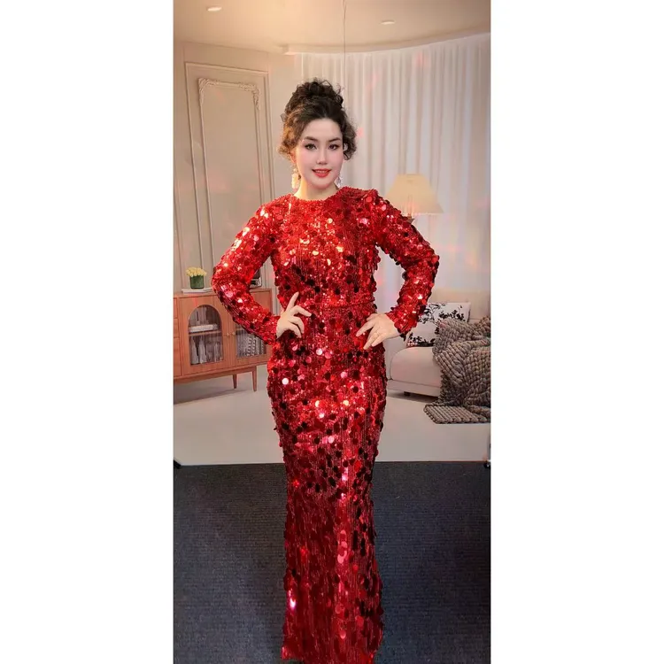 8038【娜子包邮】宴会时尚大亮片礼服款气质高级女长款连衣裙