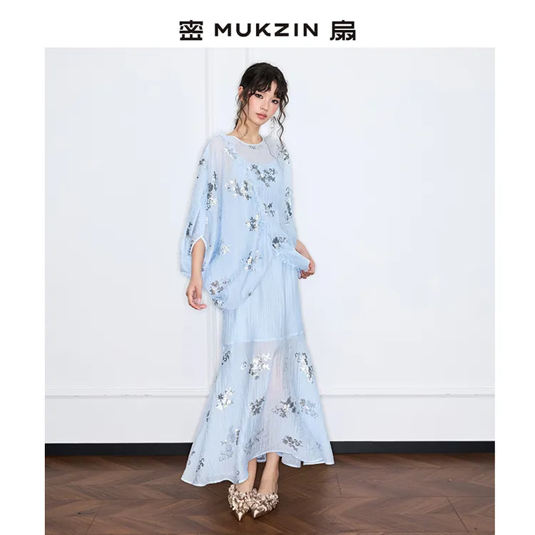 密扇2025夏季新款女装「胶囊系列」蓝色休闲连衣裙宽松显瘦长裙子