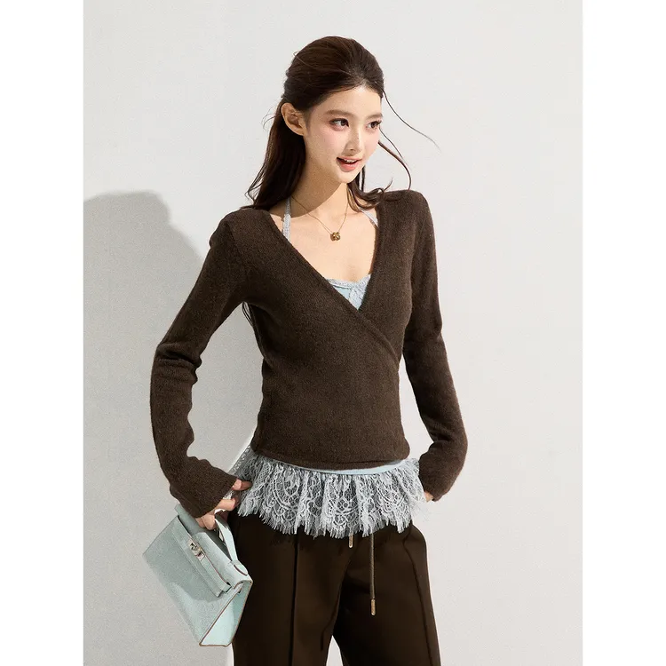 谢不肉 V领交叉针织衫女冬挂脖蕾丝下摆丝绒背心套装50943/50949