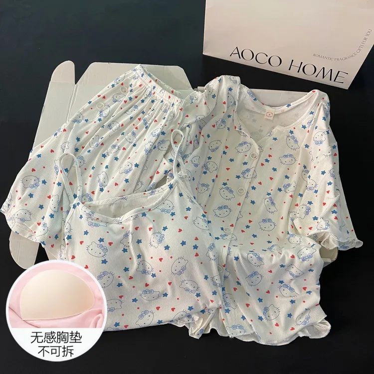 吊带睡衣女士夏季带胸垫凉感大码可外穿蓝色kt猫三件套短袖家居服