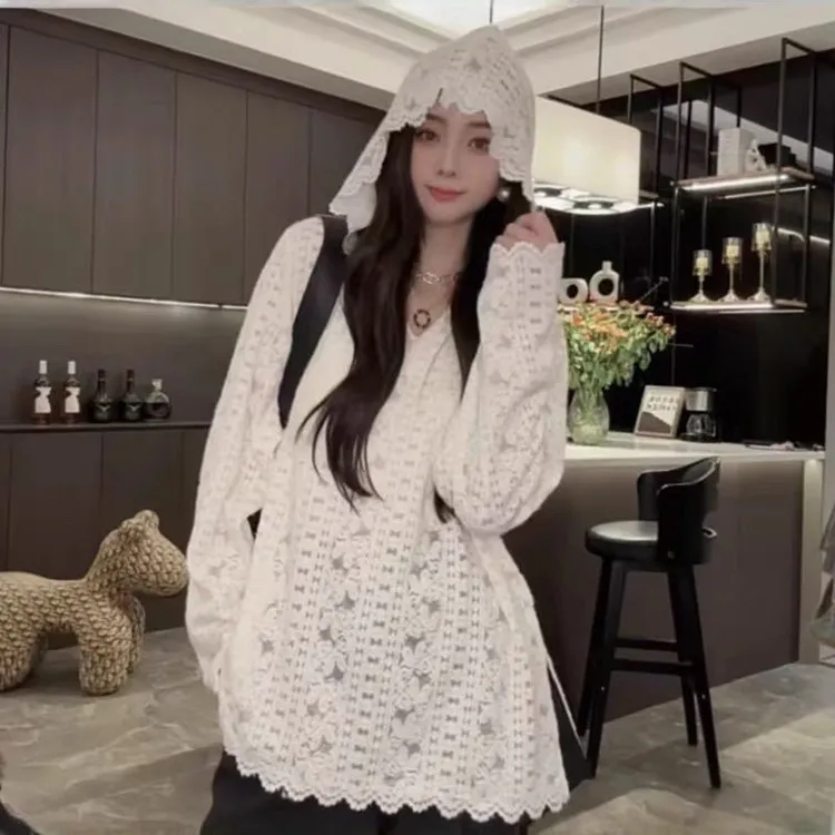 高级感重工钩花长袖连帽蕾丝衫2025春秋新款中长款叠穿打底上衣女