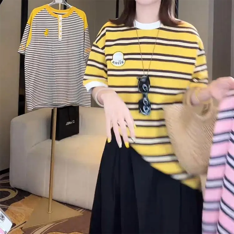 2025夏季新款拼色泰文宽松显瘦美式复古风短袖T恤女小众百搭上衣