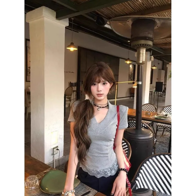 洋气新款潮ins领短款显瘦小众上衣女夏季紧身打底蕾丝花边短袖恤