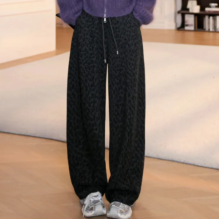 豹纹抽绳松紧腰高腰休闲裤2025秋冬新款卫裤长裤设计感时尚百搭女