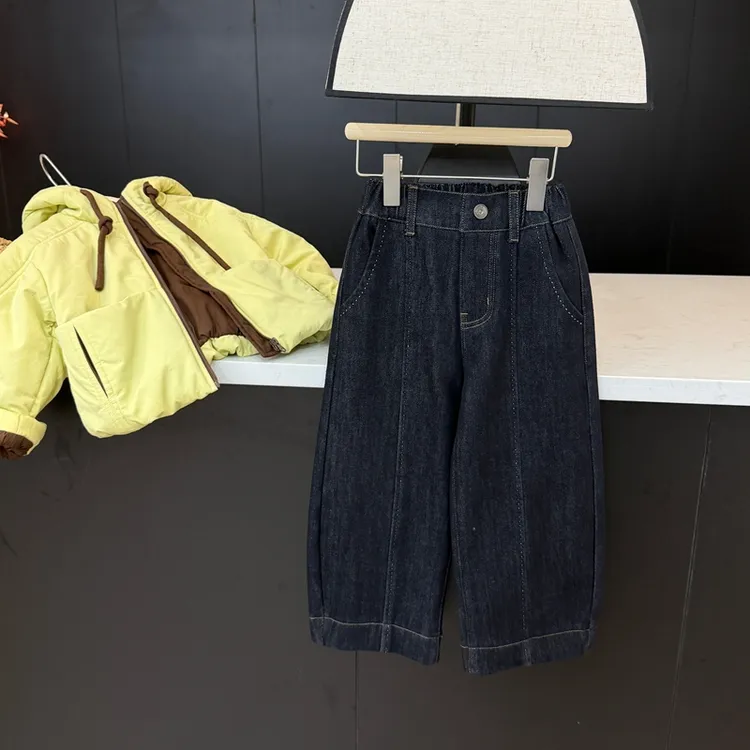 【现货】leomama女童加绒牛仔裤秋冬季新阔腿裤加厚牛仔裤宽松裤子