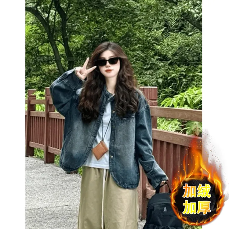 超好看做旧牛仔加绒外套女秋冬日系复古宽松休闲设计感小众牛仔衣