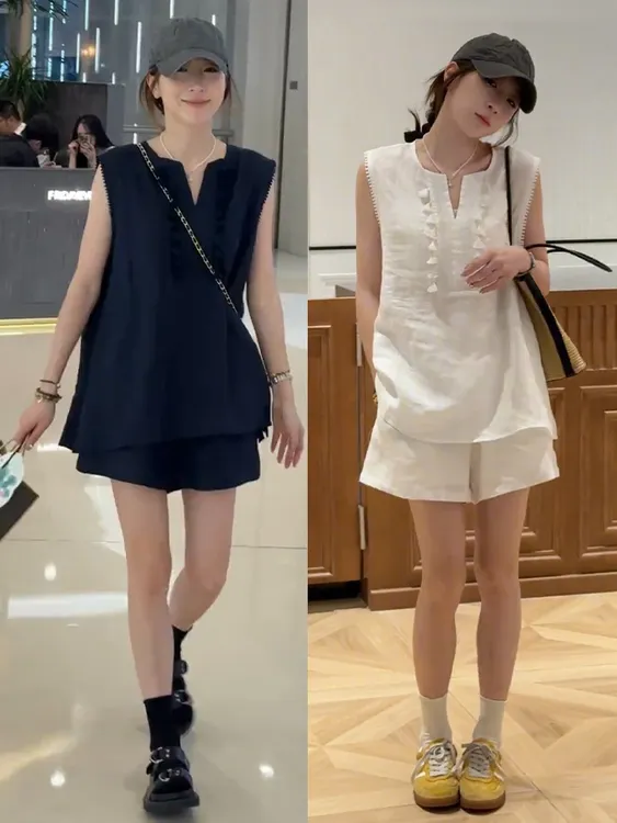 2025夏季新款韩系街头风时尚女装无袖衬衫上衣高腰休闲短裤两件套