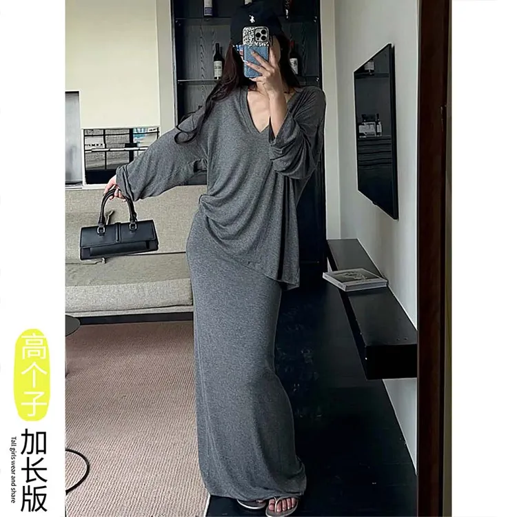 175高个子加长简约V领显瘦纸片人套装女春夏款上衣长裙两件套2469