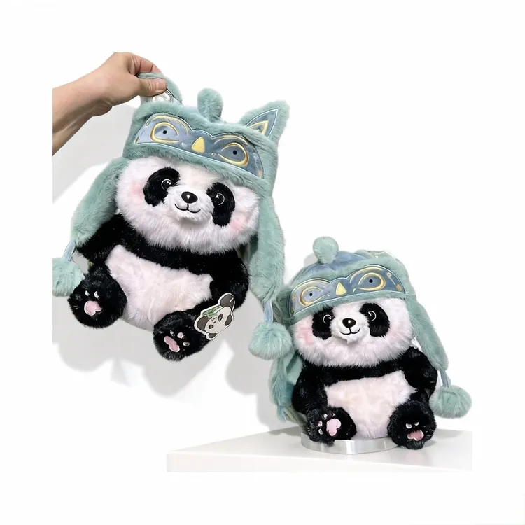 创意三星堆风格带帽熊猫花花毛绒玩具公仔可爱礼物