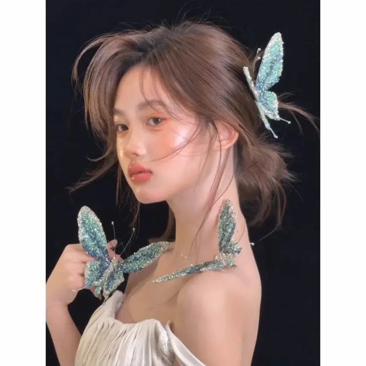 T7105康康造型 手作蓝绿碎钻大蝴蝶发夹新娘模特头饰