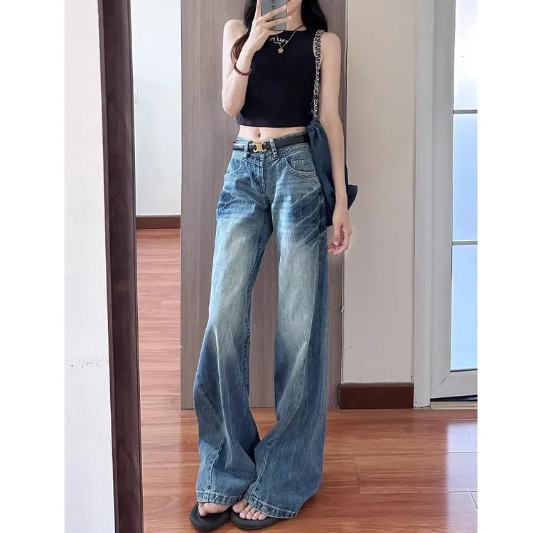 美式复古水洗蓝低腰微喇牛仔裤女2025新款夏季宽松显瘦百搭直筒裤