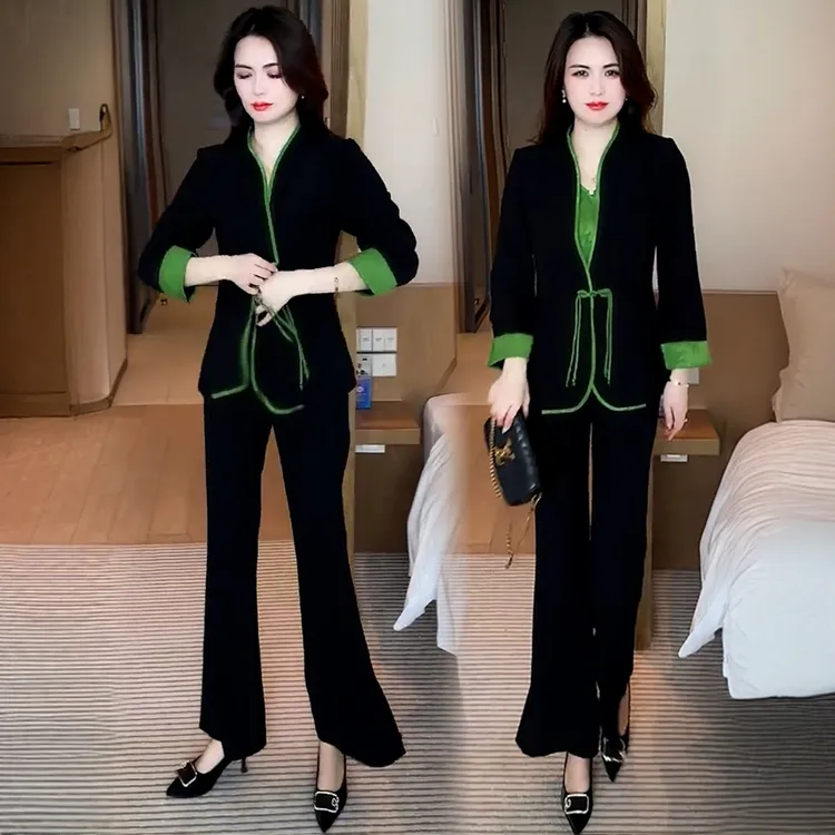 新中式时尚套装女春季新款气质显瘦撞色拼接盘扣上衣阔腿裤三件套