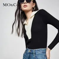 【粉丝专享】MOCO秋季黑白撞色拉链大翻领修身针织衫MBC3SWTT25