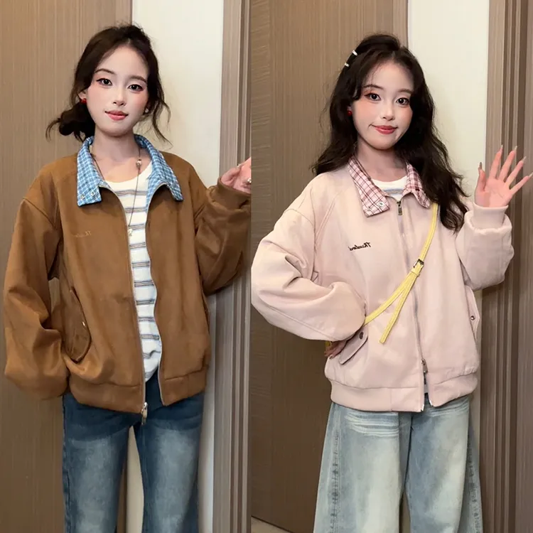格子拼接麂皮绒外套女款秋冬季棒球服休闲夹克情侣装男女同款