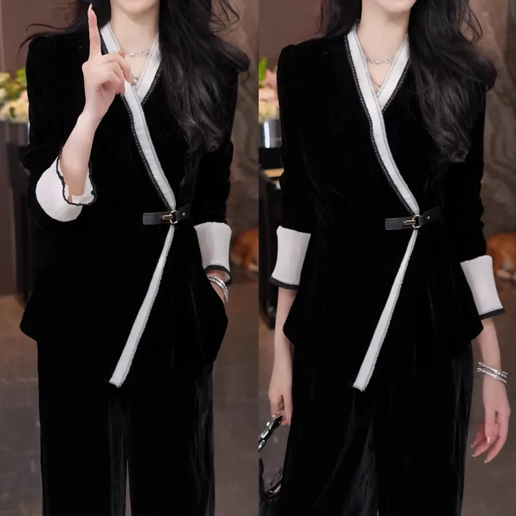 秋季新款显瘦高级感百搭长袖上衣女2025时尚洋气V领丝绒拼接小衫