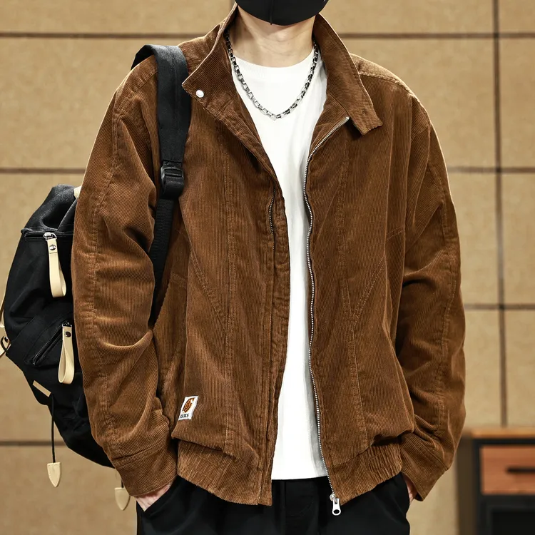 美式复古重磅灯芯绒夹克男士秋季新款宽松潮牌立领休闲外套男上衣