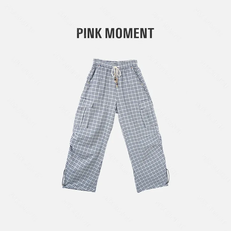 PM王囡囡 蓝格子工装风抽绳阔腿裤 ND1B1248