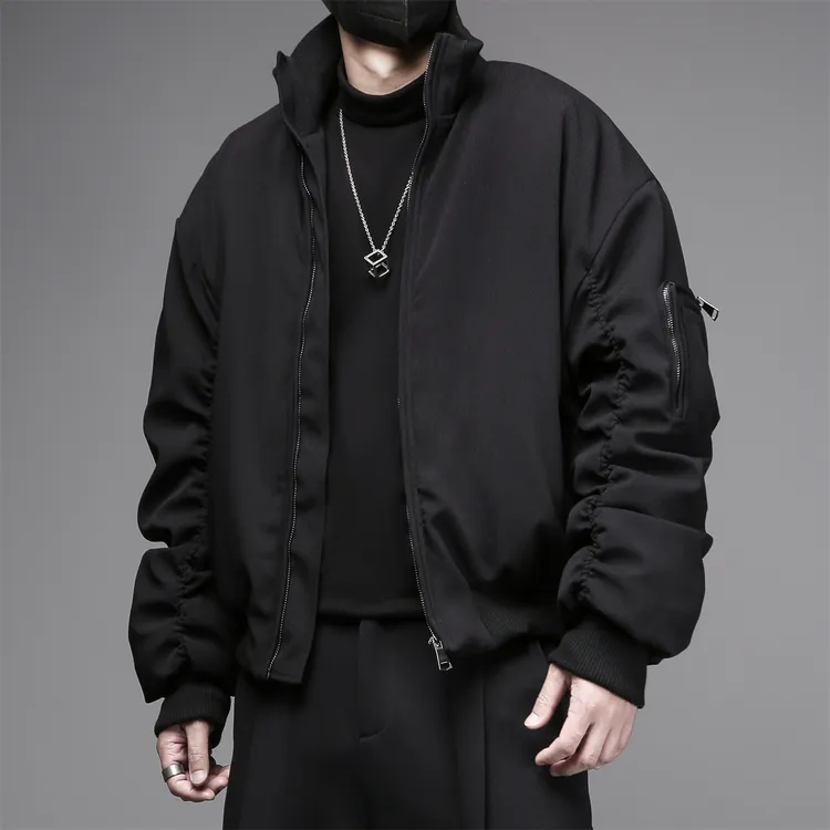 8860暗黑系秋冬阔型宽松抽褶质感保暖加厚工装棉服飞行夹克外套男